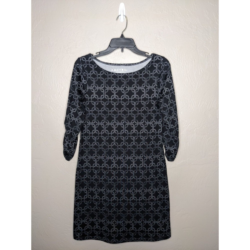 Soybu Womens Small Black Gray Chainlink 3/4 Sleeve A-Line Dress